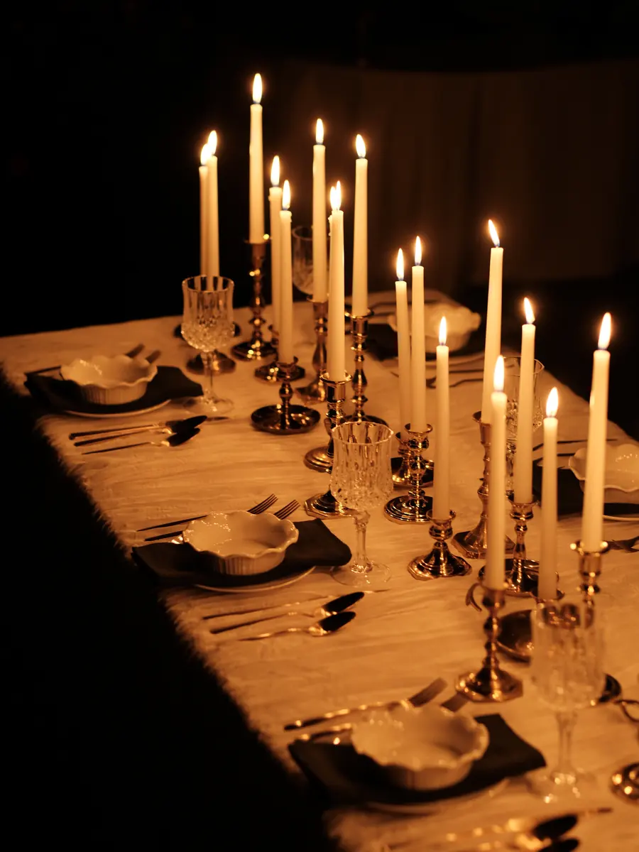Looking down a long white table lined with lit tapers in brass candlesticks, crystal goblets and scalloped bowls