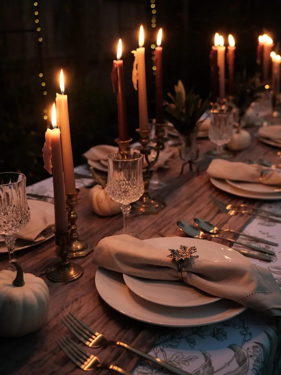 Looking down a candlelit harvest table Becca designed, with brass candlesticks, crystal goblets and white pumpkins